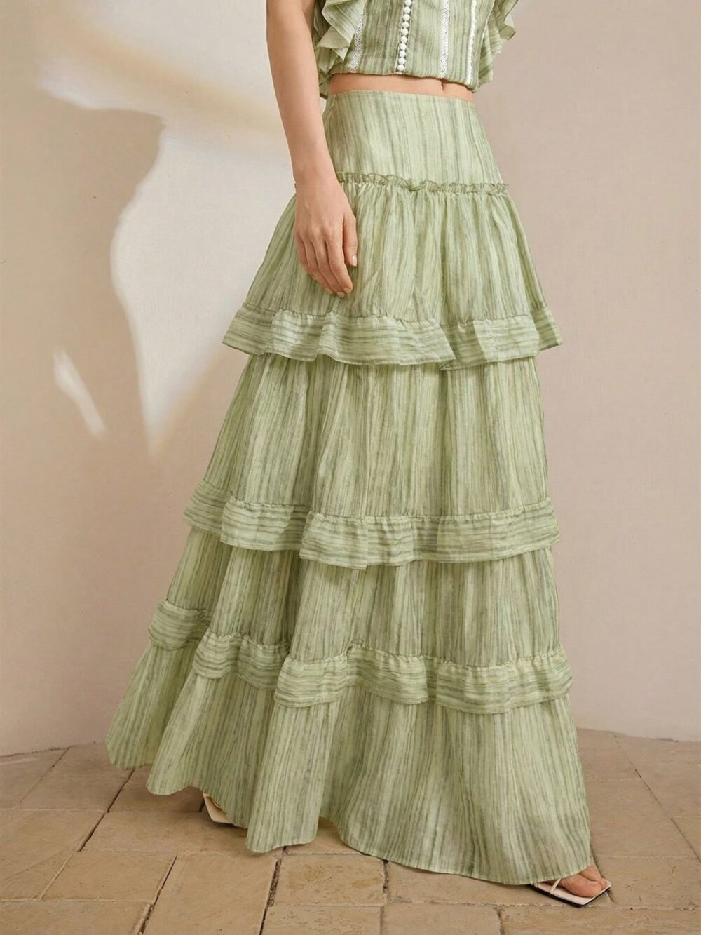 Green Boho Casual Women's Tiered Ruffle Multi-Layer Skirt